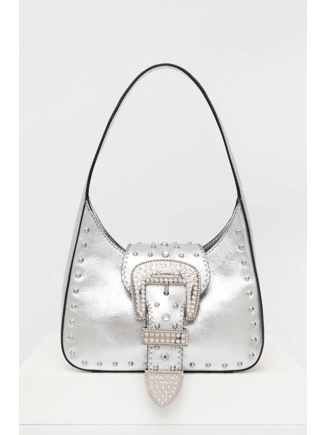 Kožená kabelka Moschino Jeans stříbrná barva